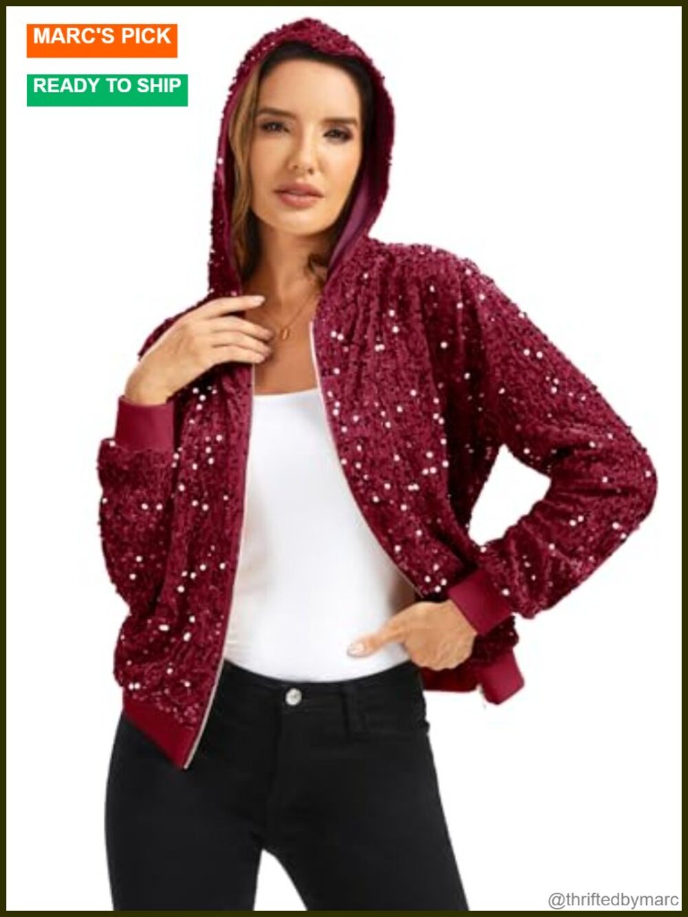 Women's Sequin Bomber Jacket Sparkly Zip Up Hooded Long Sleeve Party Bling